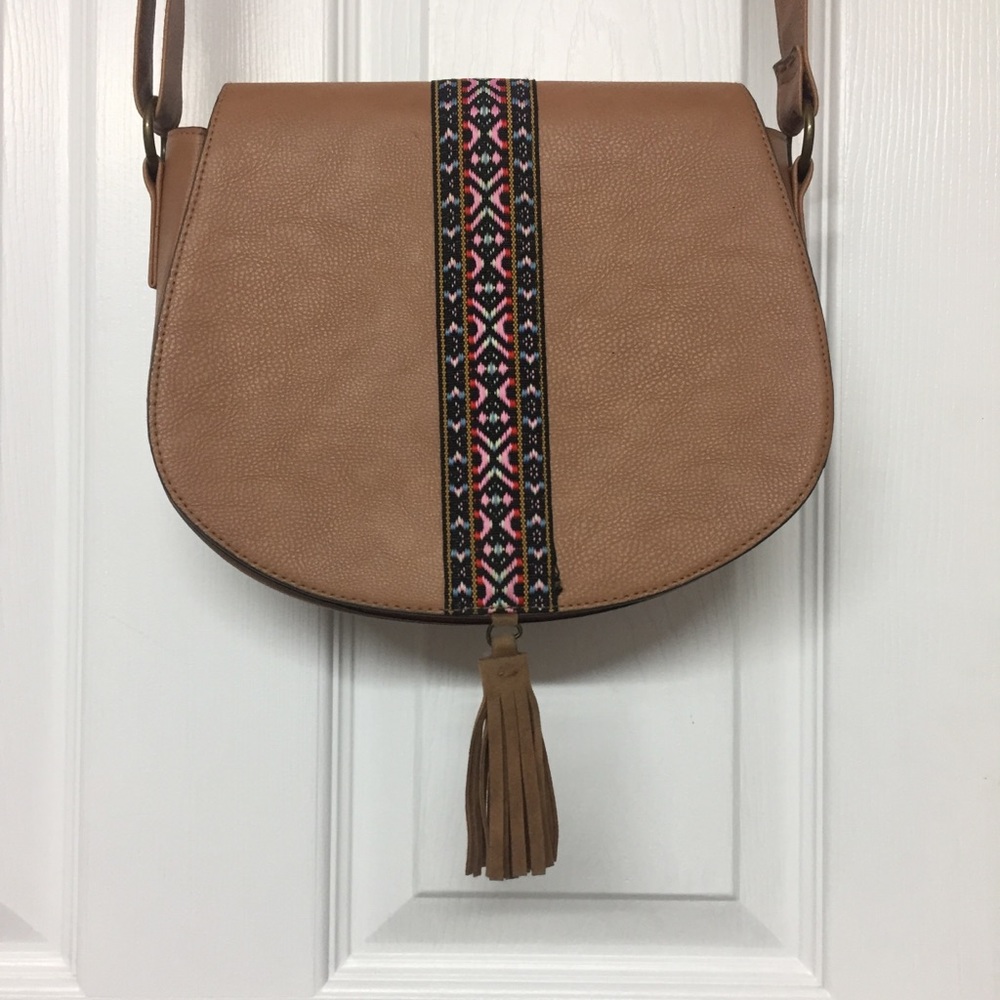 Vegan Leather Southwest Embroidery BoHo Crossbody Brown Purse with Tassel